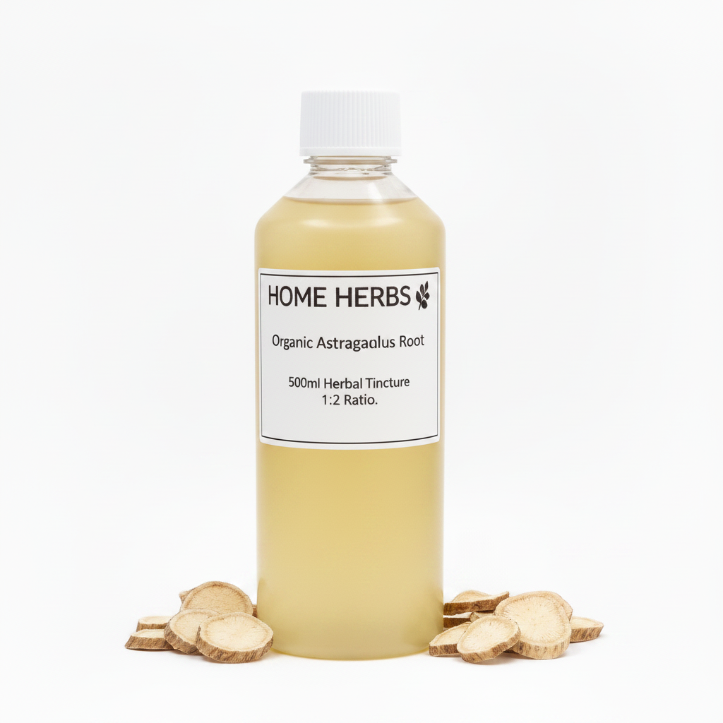 A clear plastic bottle filled with pale golden herbal tincture, topped with a white cap and labeled 'HOME HERBS Organic Astragalus Root 500ml Herbal Tincture 1:2 Ratio.' Small sliced roots are placed around the base on a clean white background.