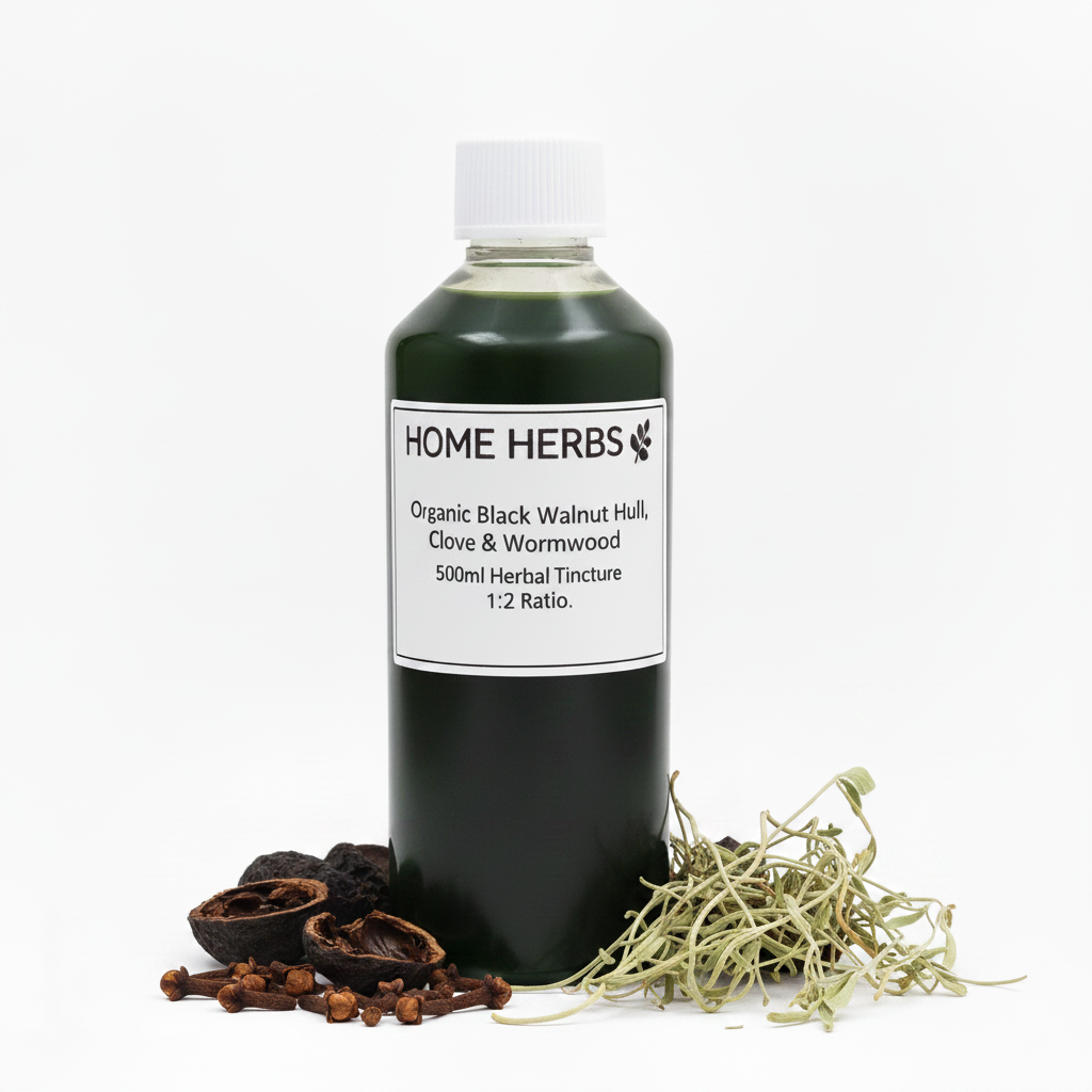 A 500ml bottle of Home Herbs Organic Black Walnut Hull, Clove & Wormwood Herbal Tincture, displayed on a white background with its ingredients (walnut hulls, cloves, and wormwood) arranged around the base of the bottle.
