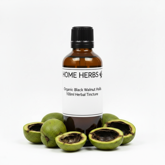 An amber glass bottle of Home Herbs Organic Black Walnut Hull tincture, surrounded by whole and halved green black walnuts on a clean white background.