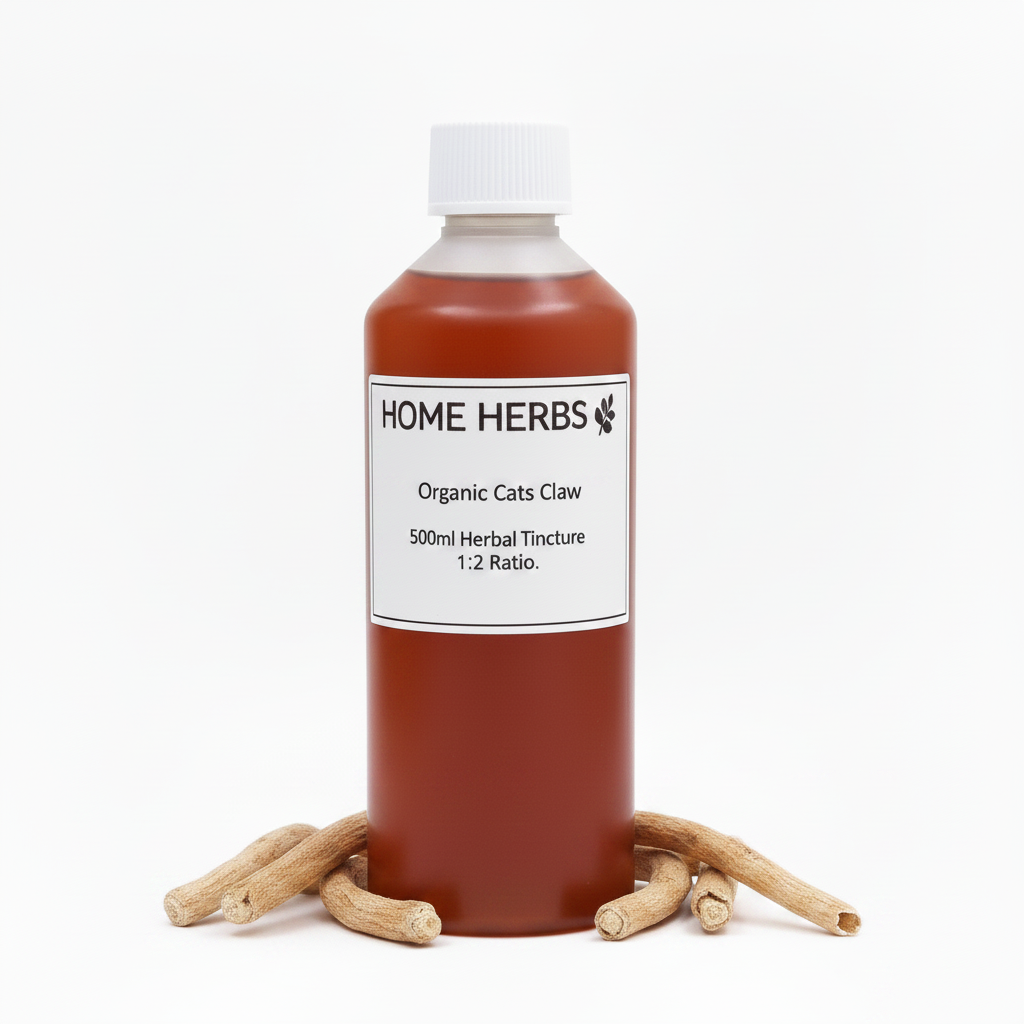 A 500ml bottle of Home Herbs Organic Cats Claw herbal tincture, filled with a reddish-brown liquid and displayed with dried cat claws on a clean white background.