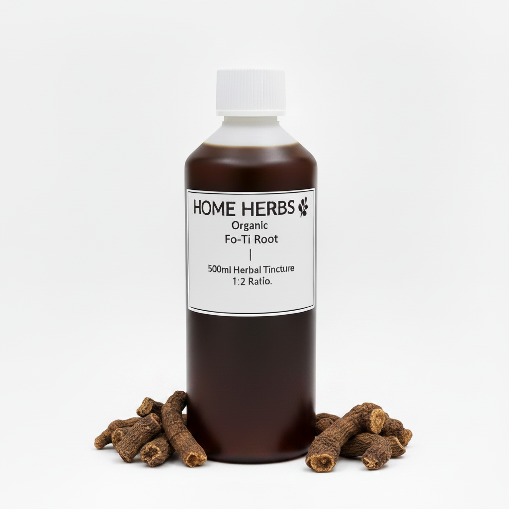 A 500ml amber glass bottle of Home Herbs Organic Fo-Ti Root herbal tincture, displayed on a white background with several dried root pieces arranged at its base.