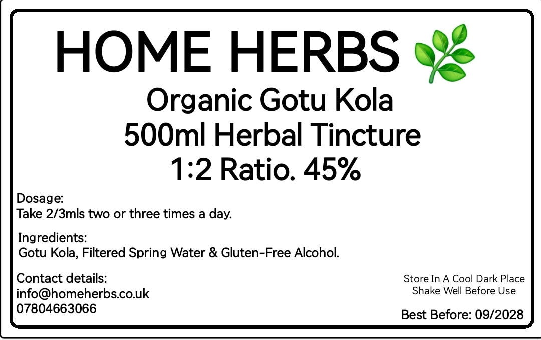A product label card for Home Herbs Organic Gotu Kola Herbal Tincture 500ml, showing dosage, ingredients, contact details, and storage instructions on a white background with a black border.