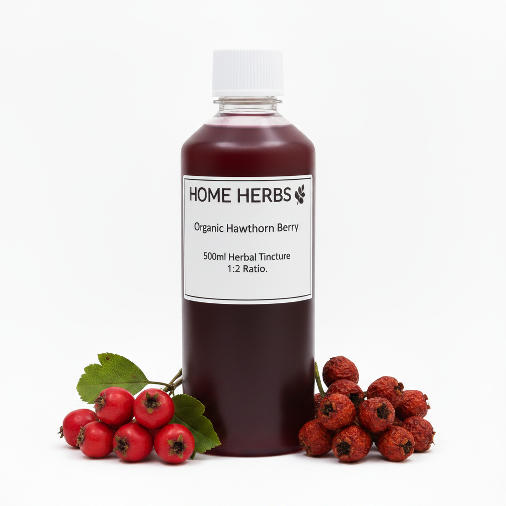 A 500ml bottle of Home Herbs Organic Hawthorn Berry herbal tincture, filled with a dark red liquid and topped with a white cap, displayed on a white background with fresh red berries and green leaves on either side.