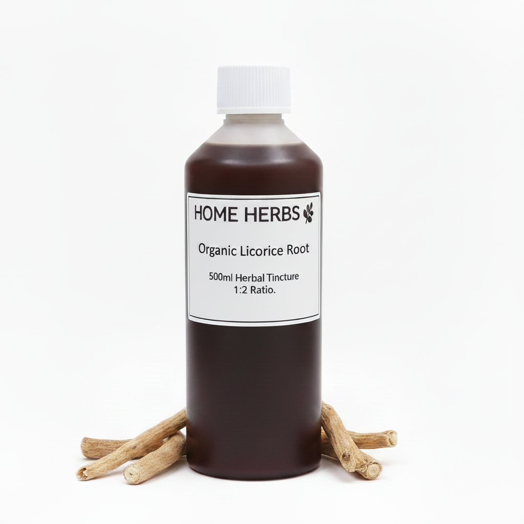 A 500ml bottle of Home Herbs Organic Licorice Root herbal tincture, filled with dark brown liquid and standing upright on a white background, flanked by several small licorice roots.