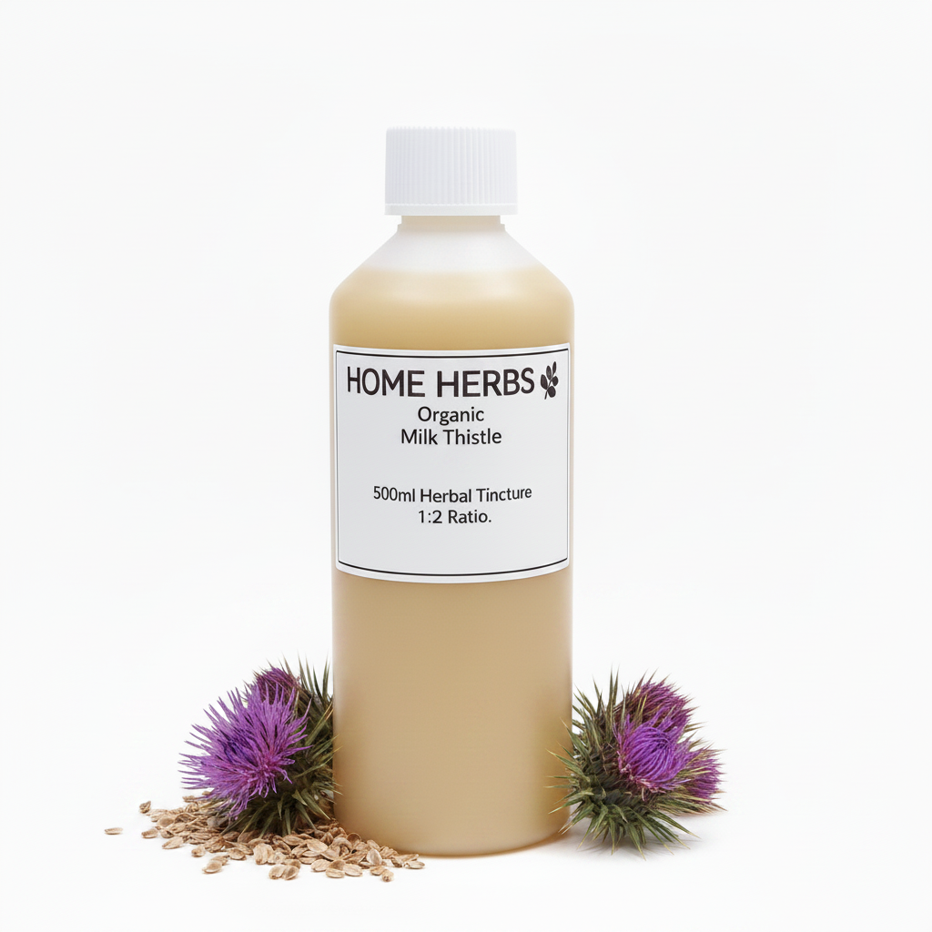 A 500ml bottle of Home Herbs Organic Milk Thistle herbal tincture, filled with a light tan liquid and topped with a white cap, set against a white background with milk thistle flowers and seeds at its base.