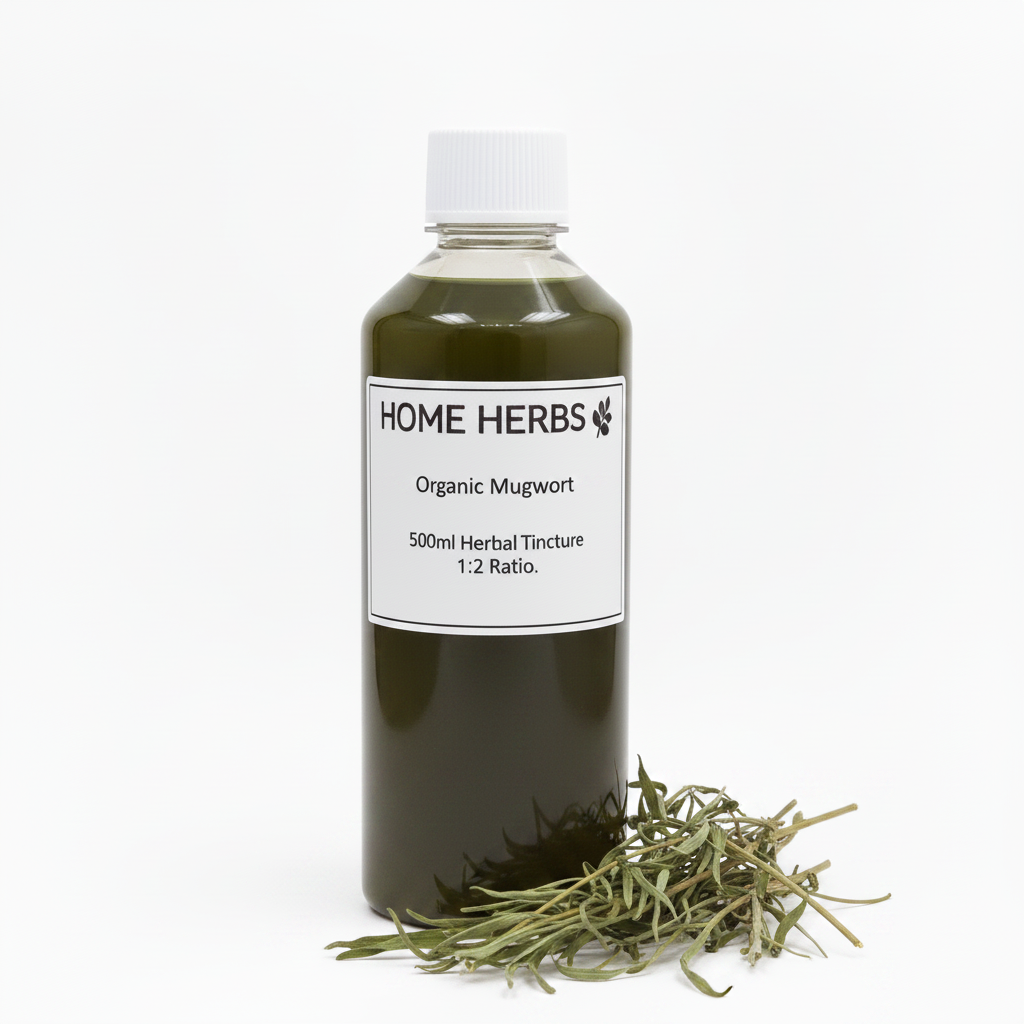 A 500ml clear bottle filled with dark olive-green organic mugwort herbal tincture, featuring a white label with black text and a white screw cap. A small pile of dried green mugwort herbs sits at the base of the bottle on a clean white background.