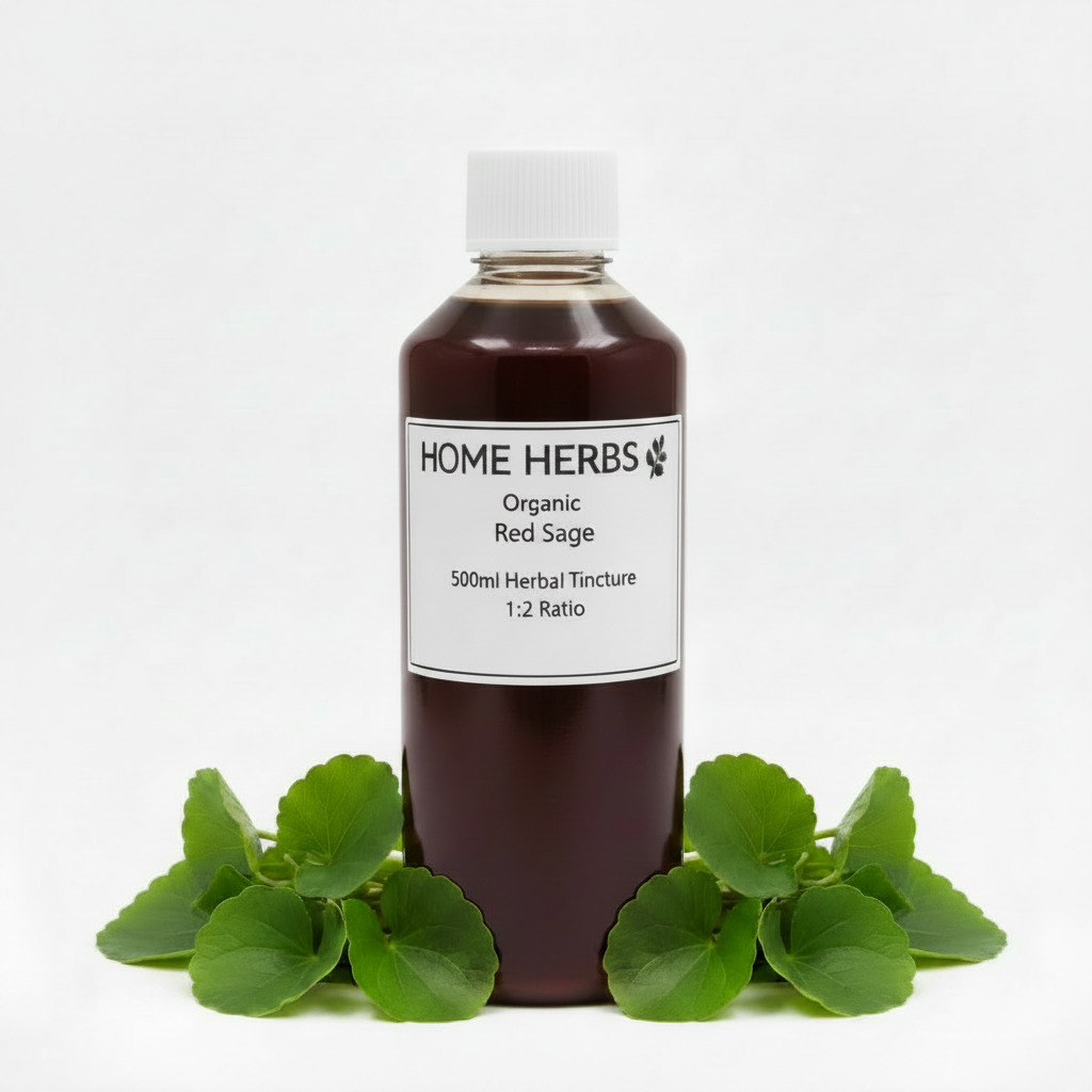 A 500ml bottle of Home Herbs Organic Red Sage herbal tincture, filled with dark red liquid and topped with a white cap, displayed on a white background with fresh green sage leaves at its base.