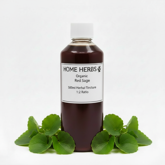 A 500ml bottle of Home Herbs Organic Red Sage herbal tincture, filled with dark red liquid and topped with a white cap, displayed on a white background with fresh green sage leaves at its base.