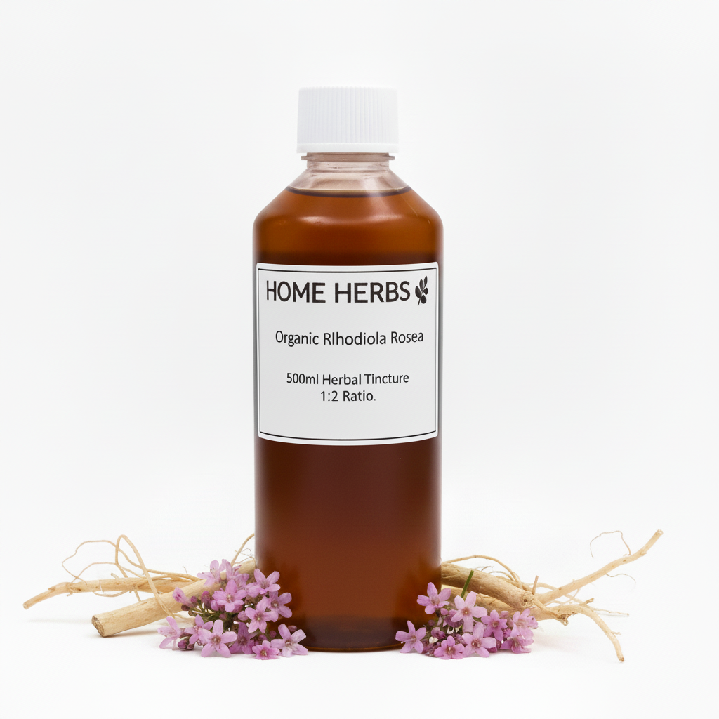 A 500ml amber glass bottle of Home Herbs Organic Rhodiola Rosea herbal tincture, styled with dried rhodiola roots and small pink flowers on a clean white background.