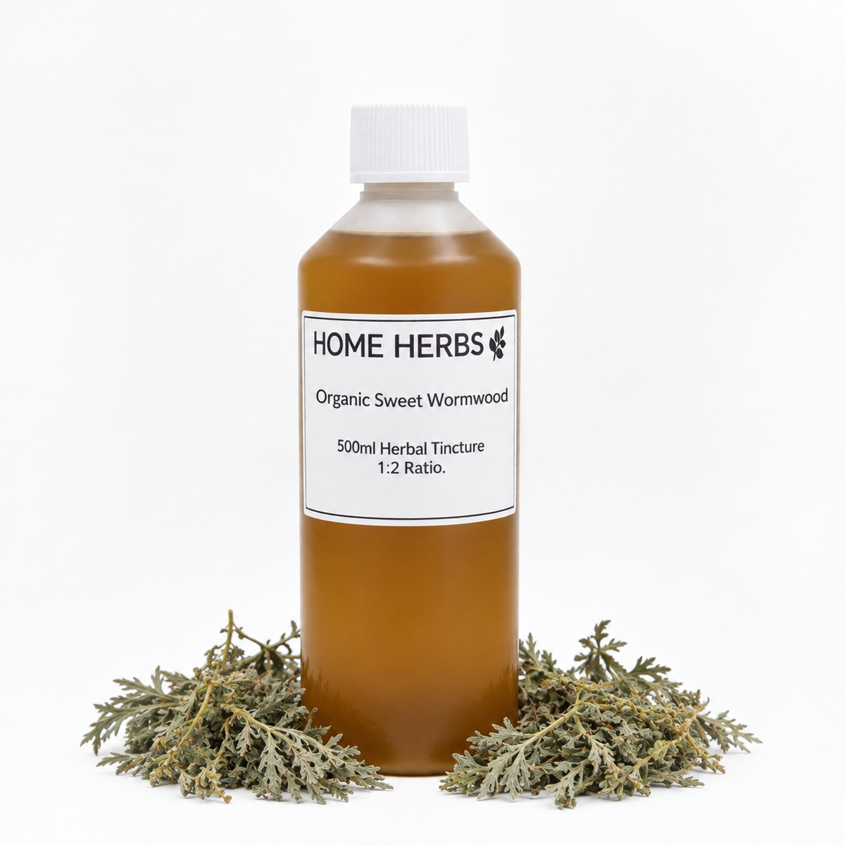 A 500ml bottle of Home Herbs Organic Sweet Wormwood herbal tincture, filled with amber liquid and topped with a white cap, flanked by dried wormwood herbs on a white background.