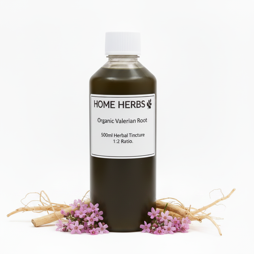 A 500ml bottle of Home Herbs Organic Valerian Root herbal tincture, 1:2 ratio, displayed on a white background with dried roots and small pink flowers at its base.