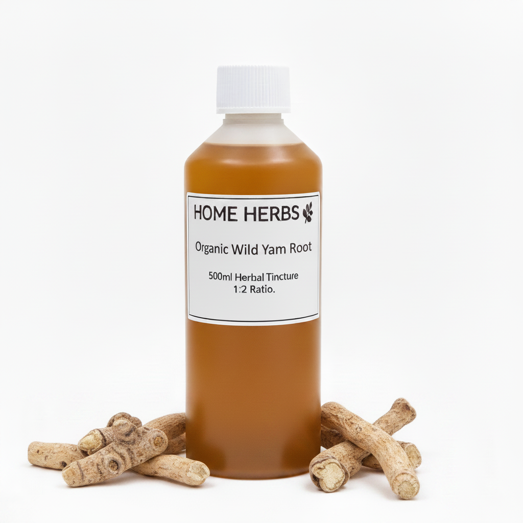 A 500ml bottle of Home Herbs Organic Wild Yarn Root herbal tincture, filled with an amber-brown liquid and topped with a white cap, displayed on a white background with several raw root pieces arranged at its base.