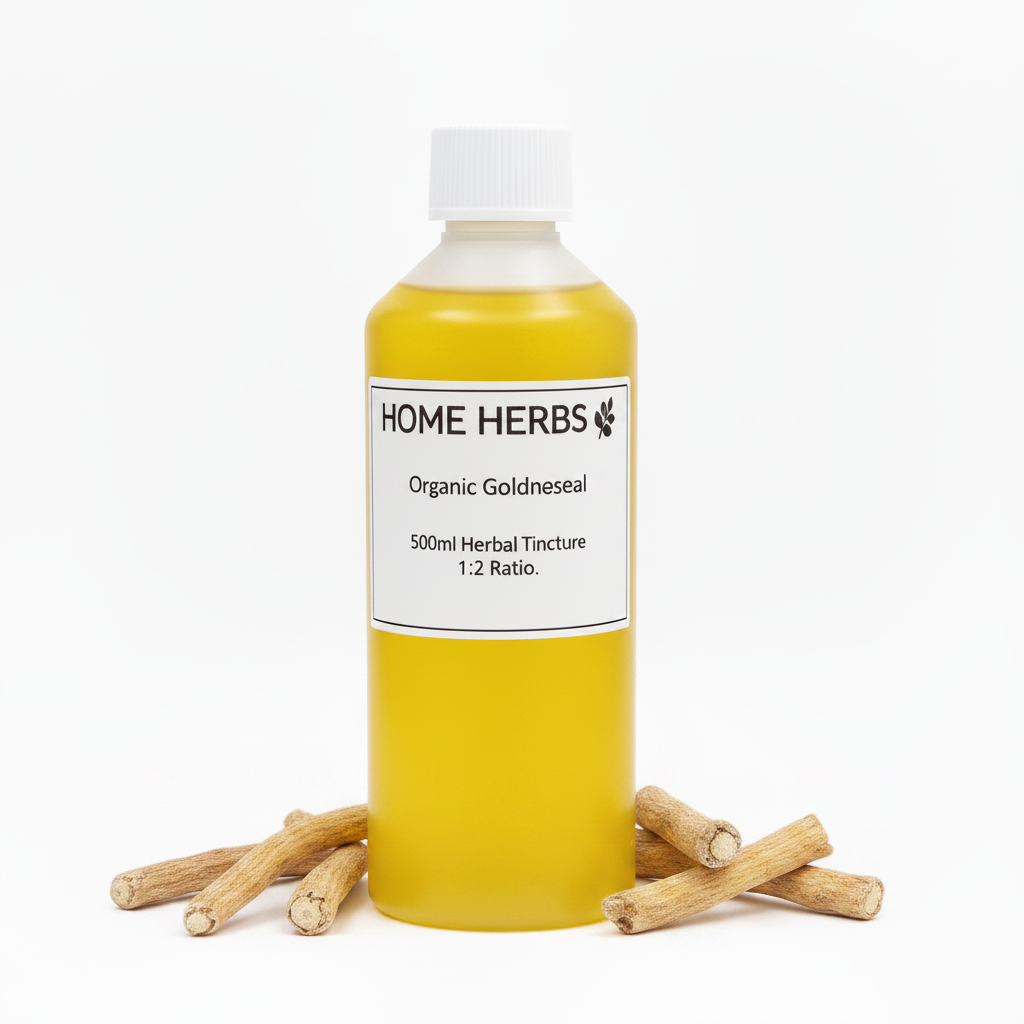A 500ml bottle of Home Herbs Organic Goldneseal herbal tincture, filled with yellow liquid and topped with a white cap, displayed on a white background with several dried goldneseal roots arranged at its base.