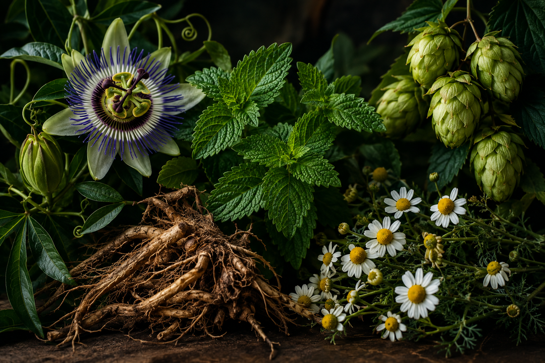 Passionflower, lemon balm, valerian, chamomile and hops botanical blend.