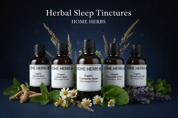 Organic herbal sleep tinctures by HOME HERBS — Valerian Root, Lemon Balm, Chamomile, Avena Sativa, Wild Lettuce and Vervain 100ml liquid extracts.