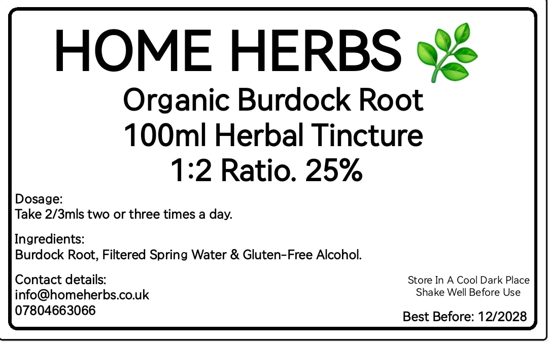 A square informational label for Home Herbs Organic Burdock Root 100ml Herbal Tincture. The label features a white background with black text detailing dosage, ingredients, contact details, and storage instructions, alongside a small green leaf logo in the top right corner.