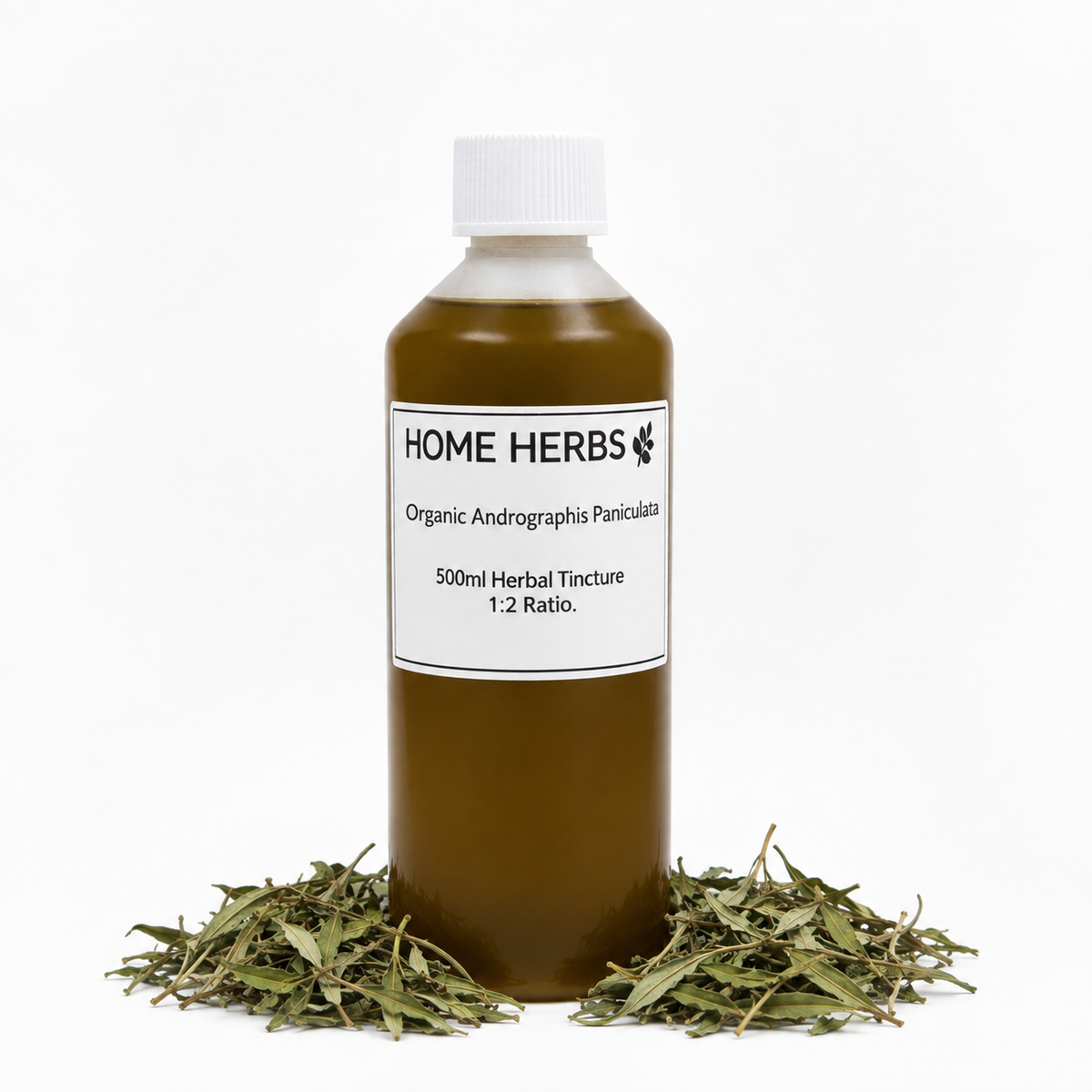 A 500ml bottle of Home Herbs Organic Andrographis Panicostrata Herbal Tincture, 1:2 ratio, filled with an amber-brown liquid and displayed on a white background with dried green herbs scattered at its base.