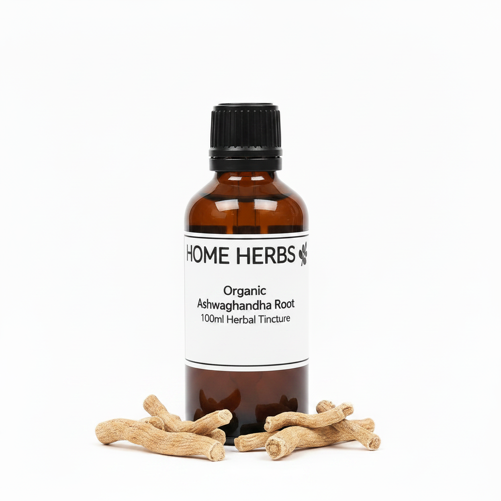 A 100ml amber glass bottle of Home Herbs Organic Ashwagandha Root herbal tincture, displayed on a white background with several raw root pieces arranged at its base.