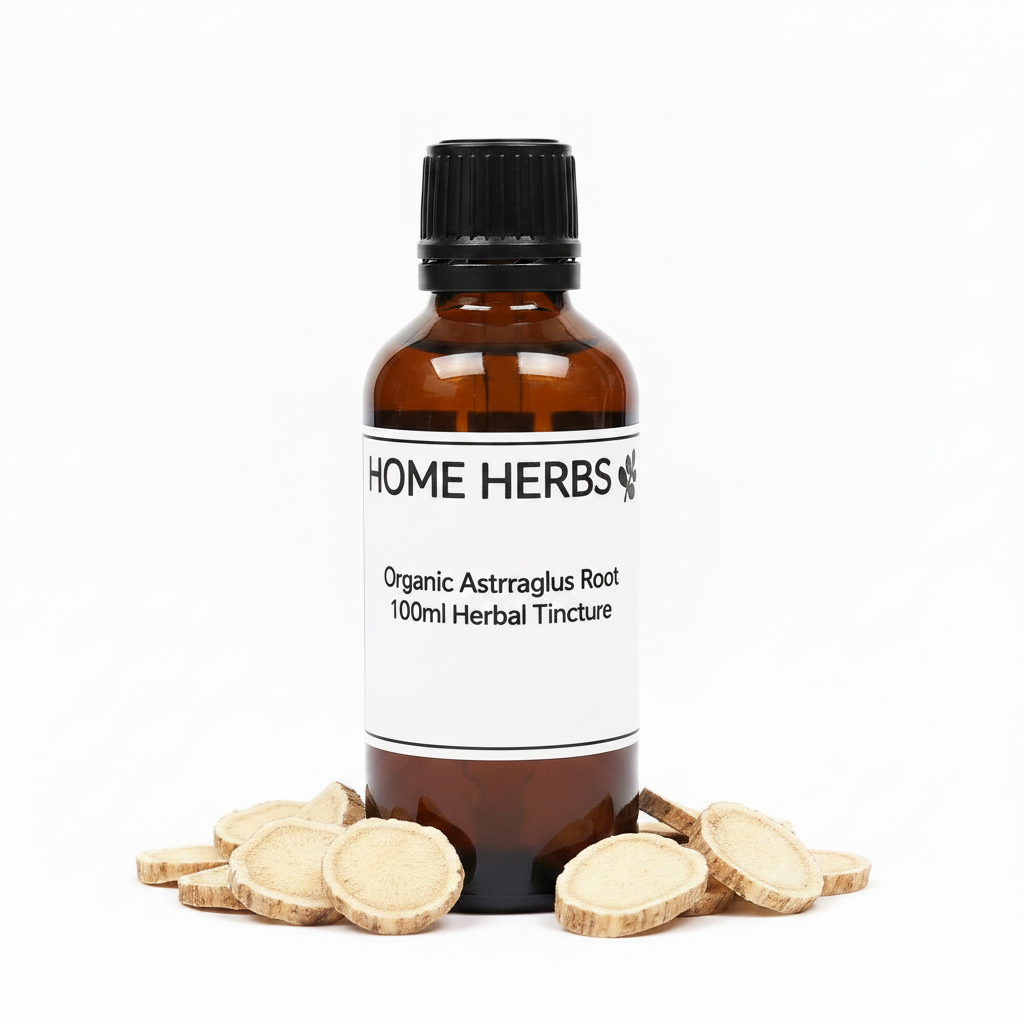 An amber glass bottle of Home Herbs Organic Astragalus Root 100ml Herbal Tincture, surrounded by sliced herbal roots on a clean white background.