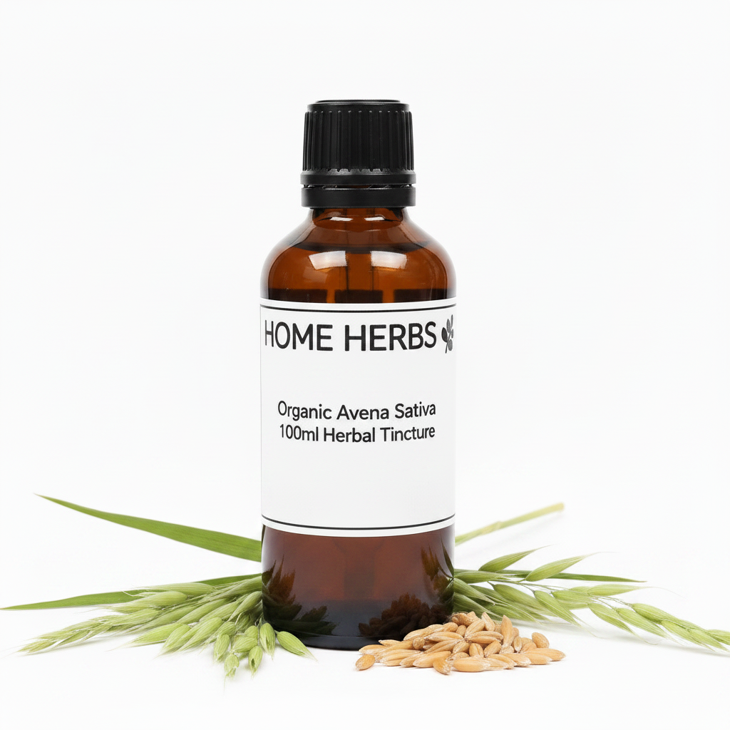An amber glass bottle of Home Herbs Organic Avena Sativa 100ml Herbal Tincture with a black cap and white label, styled with green oats and grains on a white background.