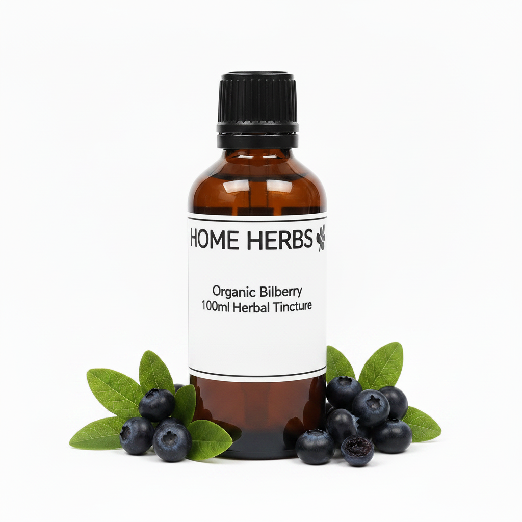An amber glass bottle of Home Herbs Organic Bilberry 100ml Herbal Tincture with a black cap and white label, styled with fresh green bilberry leaves and blueberries on a white background.