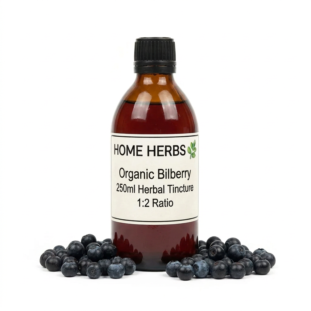 An amber glass bottle of Home Herbs Organic Bilberry 250ml Herbal Tincture with a black cap and white label, surrounded by fresh blueberries on a white background.