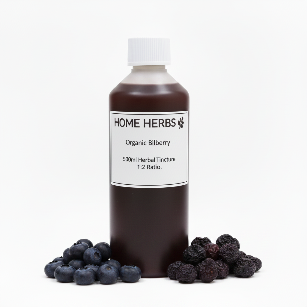 A 500ml bottle of Home Herbs Organic Bilberry herbal tincture, 1:2 ratio, shown with fresh blueberries and dried bilberry berries on a clean white background.