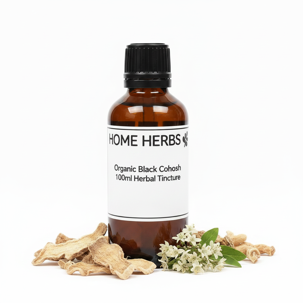 An amber glass bottle of Home Herbs Organic Black Cohosh 100ml Herbal Tincture with a black cap and white label, styled with dried roots and white flowers on a white background.