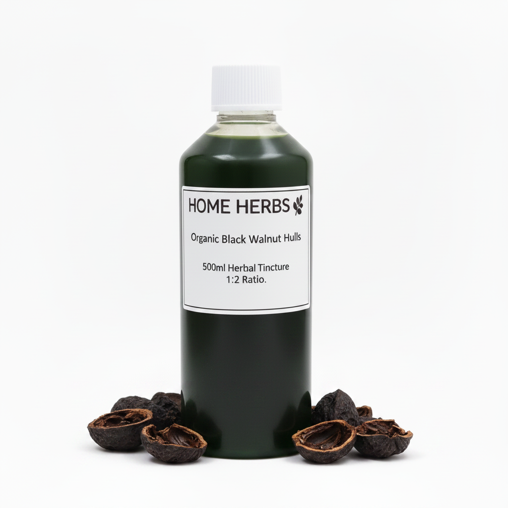 A 500ml bottle of Home Herbs Organic Black Walnut Hulls herbal tincture, filled with a very dark green liquid and topped with a white cap, displayed on a white background with whole and cracked black/green walnut shells arranged at its base.