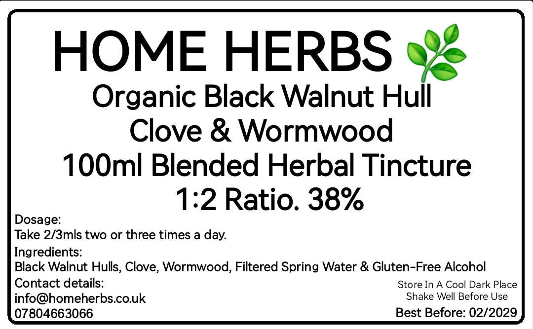 A square product information card for Home Herbs Organic Black Walnut Hull, Clove & Wormwood 100ml Blended Herbal Tincture. The card features a white background with black text and a small green leaf logo in the top right corner.