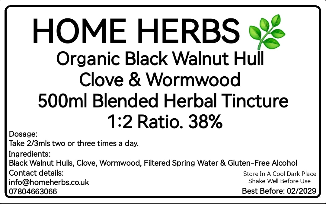 A square product label for Home Herbs Organic Black Walnut Hull Clove & Wormwood 500ml Blended Herbal Tincture. The label features a white background with black text and a small green leaf graphic in the top right corner.
