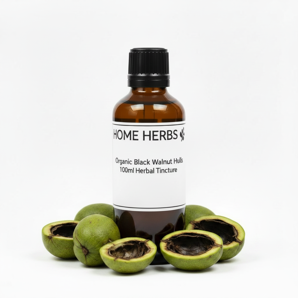 An amber glass bottle of Home Herbs Organic Black Walnut Hull tincture, surrounded by whole and halved green black walnuts on a clean white background.