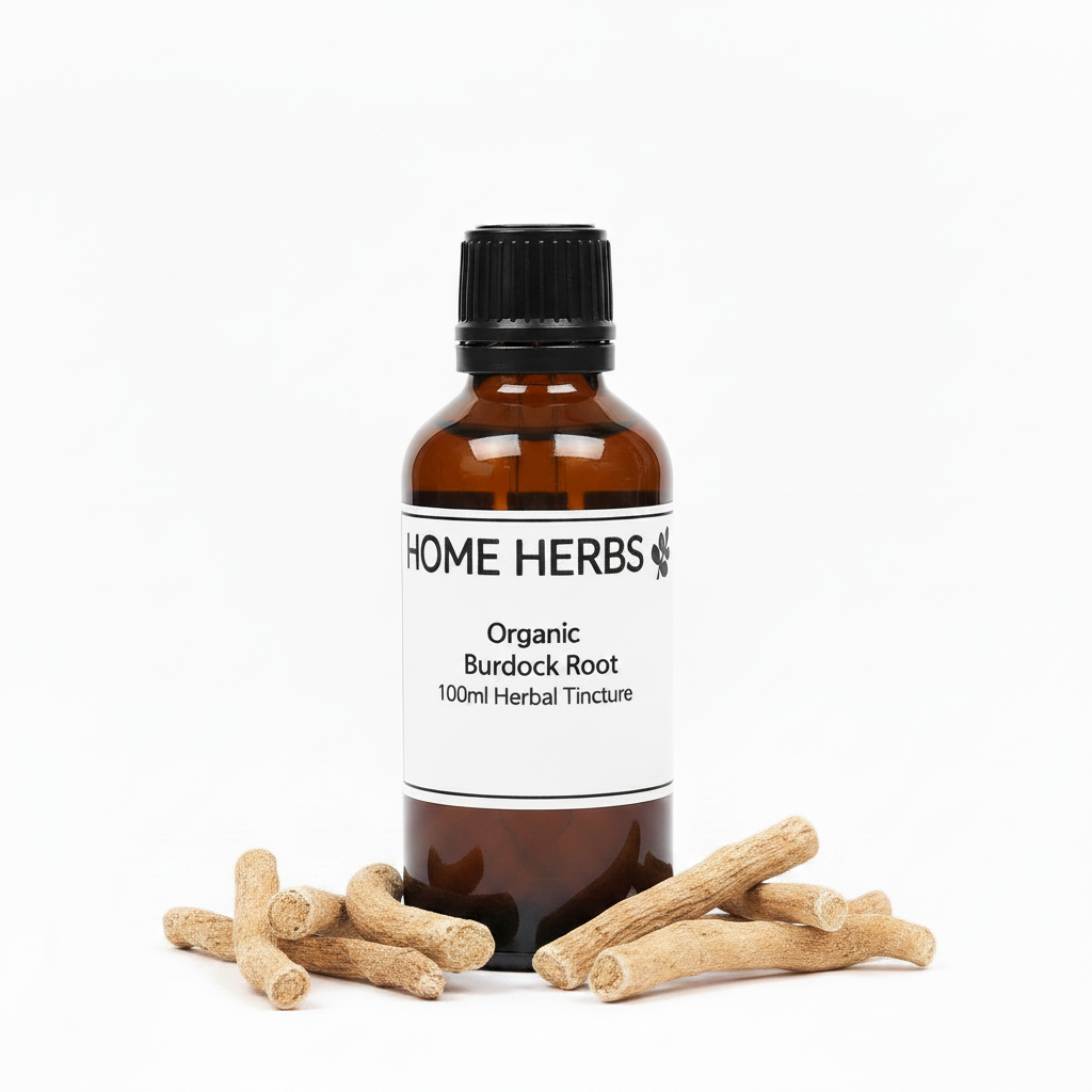 An amber glass bottle of Home Herbs Organic Burdock Root 100ml Herbal Tincture with a black cap and white label, displayed on a white background with several natural burdock roots arranged around its base.