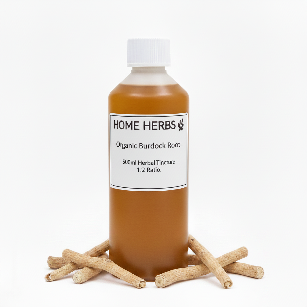 A 500ml bottle of Home Herbs Organic Burdock Root herbal tincture, filled with amber-brown liquid and topped with a white cap, surrounded by several whole burdock roots on a clean white background.