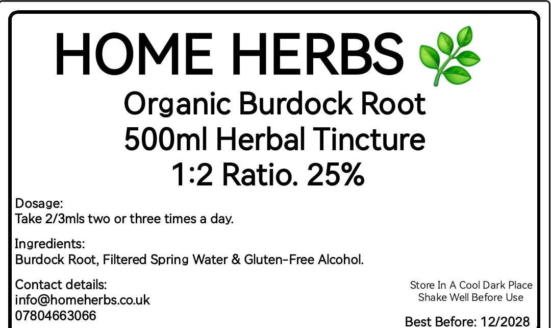 A product label card for Home Herbs Organic Burdock Root 500ml Herbal Tincture. The label features a white background with black text detailing dosage, ingredients, contact details, and storage instructions, along with a small green leaf logo in the top right.