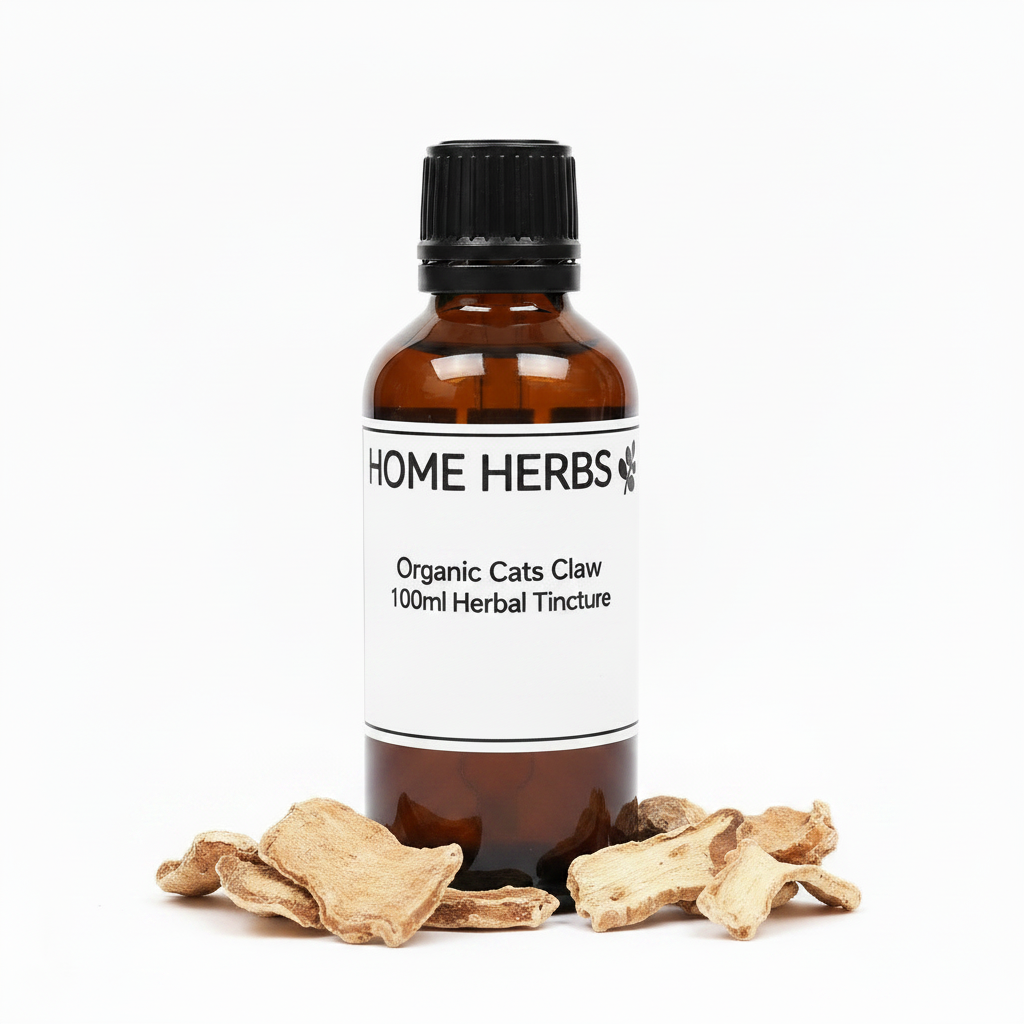 An amber glass bottle of Home Herbs Organic Cats Claw 100ml Herbal Tincture with a black cap and white label, surrounded by dried cat claw roots on a white background.