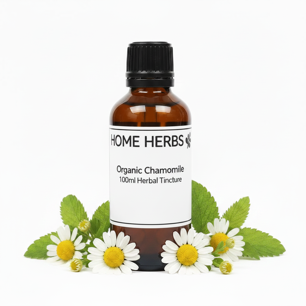 An amber glass bottle of Home Herbs Organic Chamomile 100ml Herbal Tincture, surrounded by fresh chamomile flowers and green leaves on a white background.