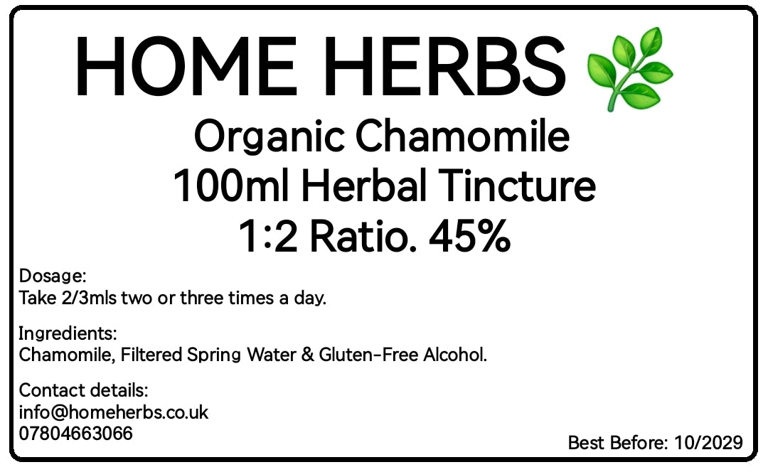 A square product label for Home Herbs Organic Chamomile 100ml Herbal Tincture. The label features a white background with black text and a small green leaf graphic in the top right corner.