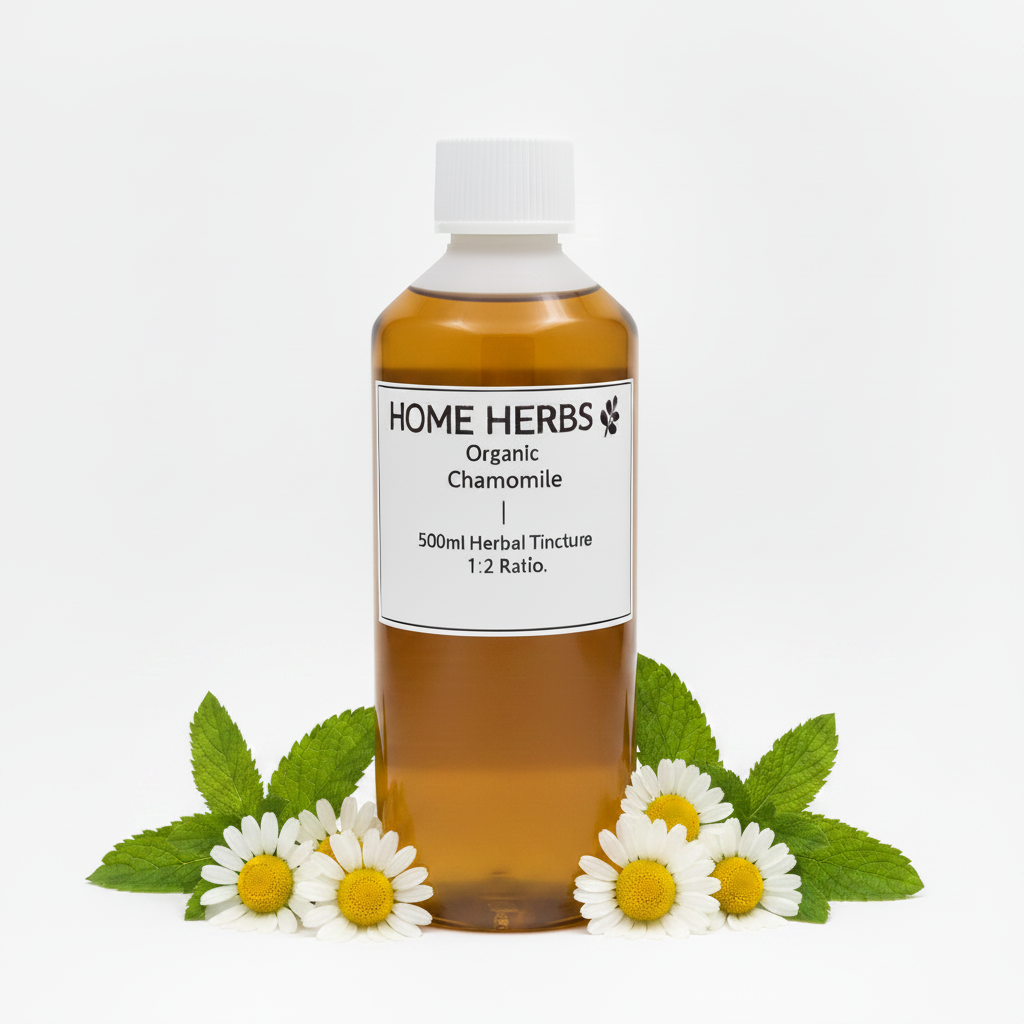 A 500ml bottle of Home Herbs Organic Chamomile herbal tincture, filled with amber liquid and topped with a white cap, displayed on a white background with chamomile flowers and green leaves at its base.