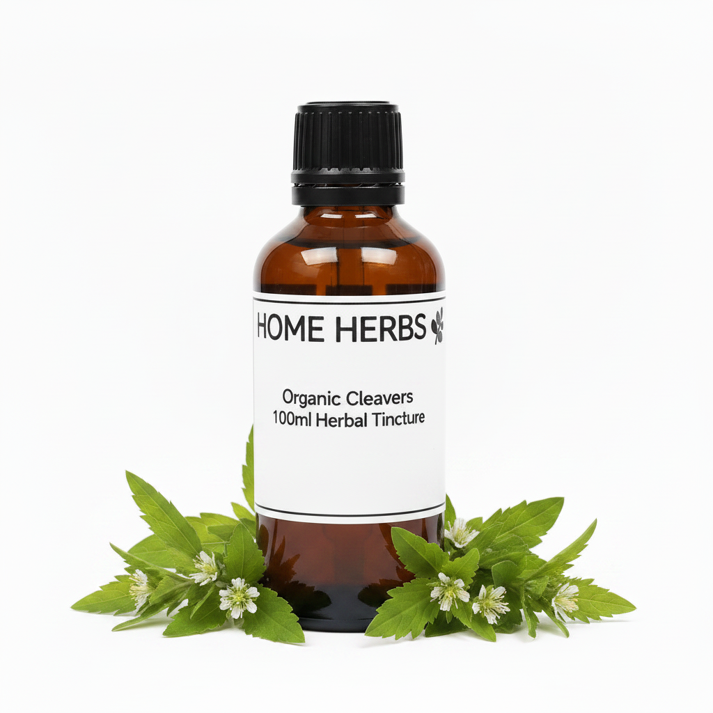 An amber glass bottle of Home Herbs Organic Cleavers 100ml Herbal Tincture with a black cap and white label, styled with green cleavers leaves and small white flowers at the base on a white background.