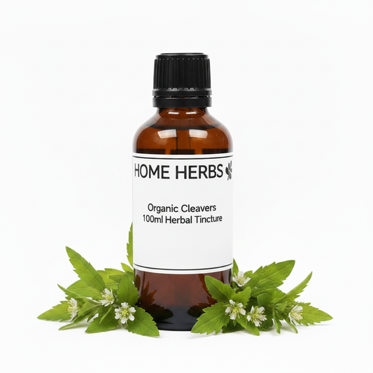 An amber glass bottle of Home Herbs Organic Cleavers 100ml Herbal Tincture with a black cap and white label, styled with green cleavers leaves and small white flowers at the base on a white background.
