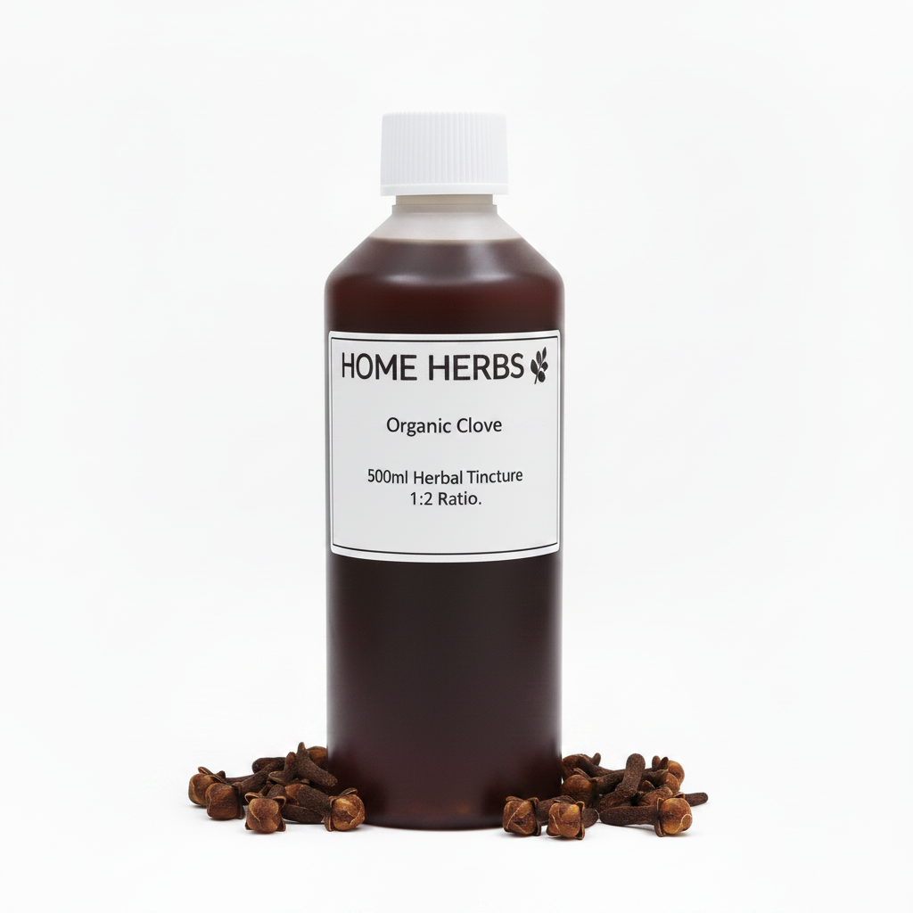 A 500ml bottle of Home Herbs Organic Clove Herbal Tincture, 1:2 ratio, filled with dark amber liquid and topped with a white cap, displayed on a white background with cloves scattered at its base.
