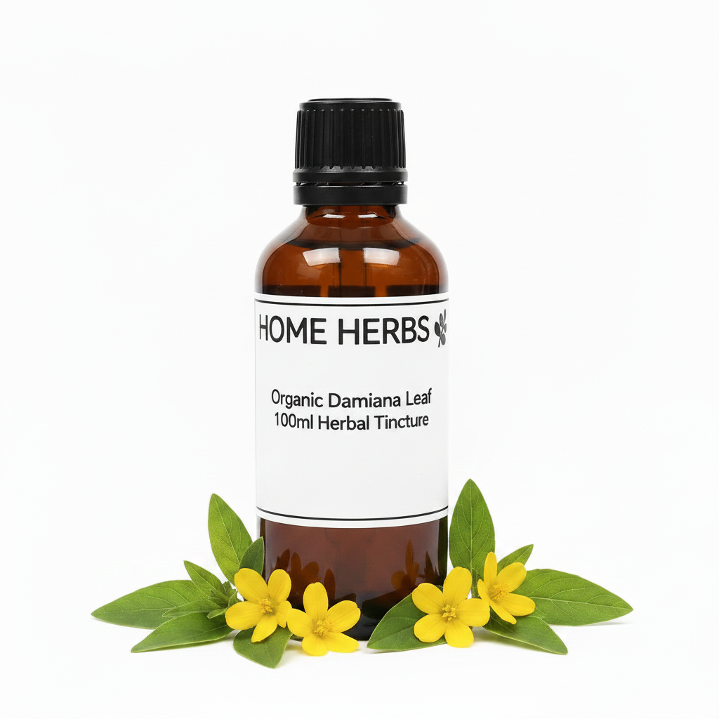 An amber glass bottle of Home Herbs Organic Damiana Leaf 100ml Herbal Tincture with a black cap and white label, styled with green leaves and small yellow flowers on a white background.