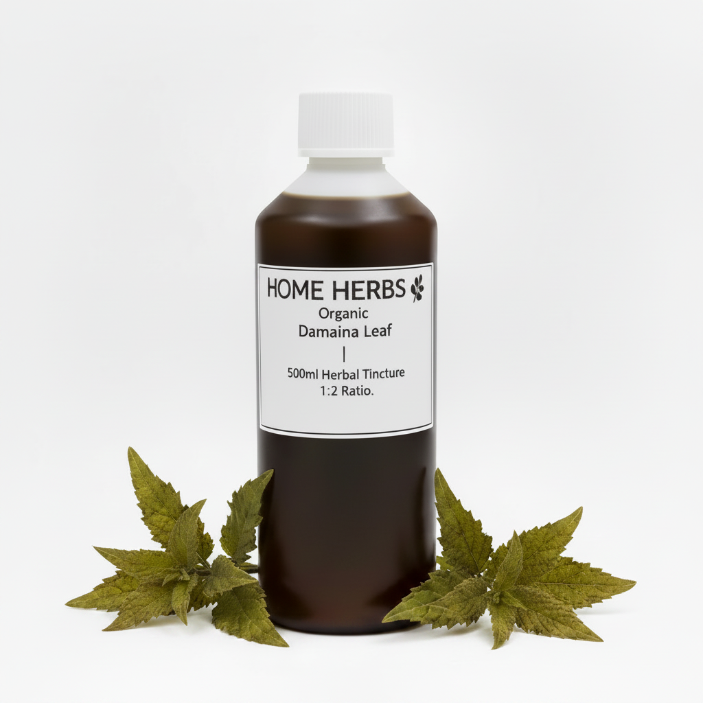 A 500ml bottle of Home Herbs Organic Damaina Leaf herbal tincture, displayed on a white background with green damaina leaves at its base.