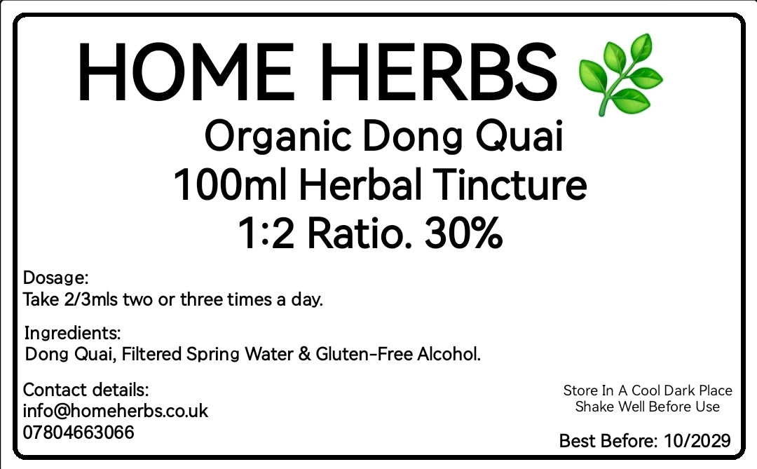 A product label for Home Herbs Organic Dong Quai 100ml Herbal Tincture. The label features a white background with black text detailing dosage, ingredients, contact details, and storage instructions, along with a small green leaf logo in the top right corner.
