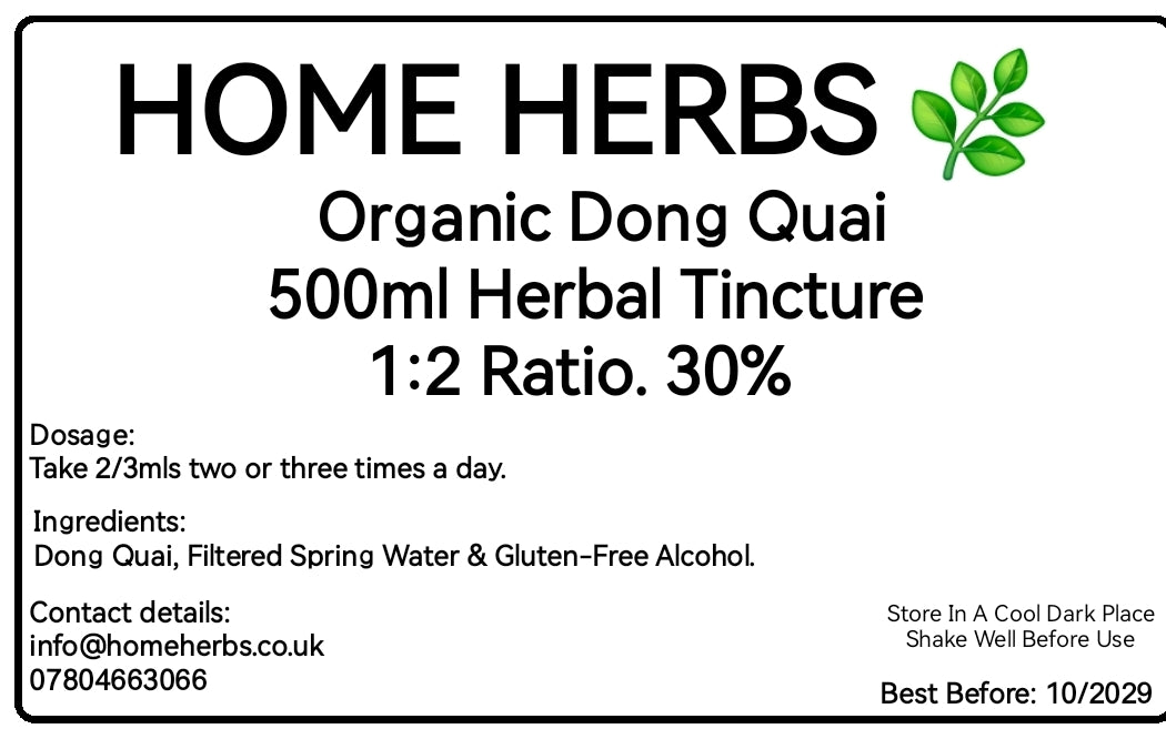 A product information card for Home Herbs Organic Dong Quai 500ml Herbal Tincture. The card features a white background with black text detailing dosage, ingredients, contact details, and storage instructions, along with a small green leaf logo in the top right.