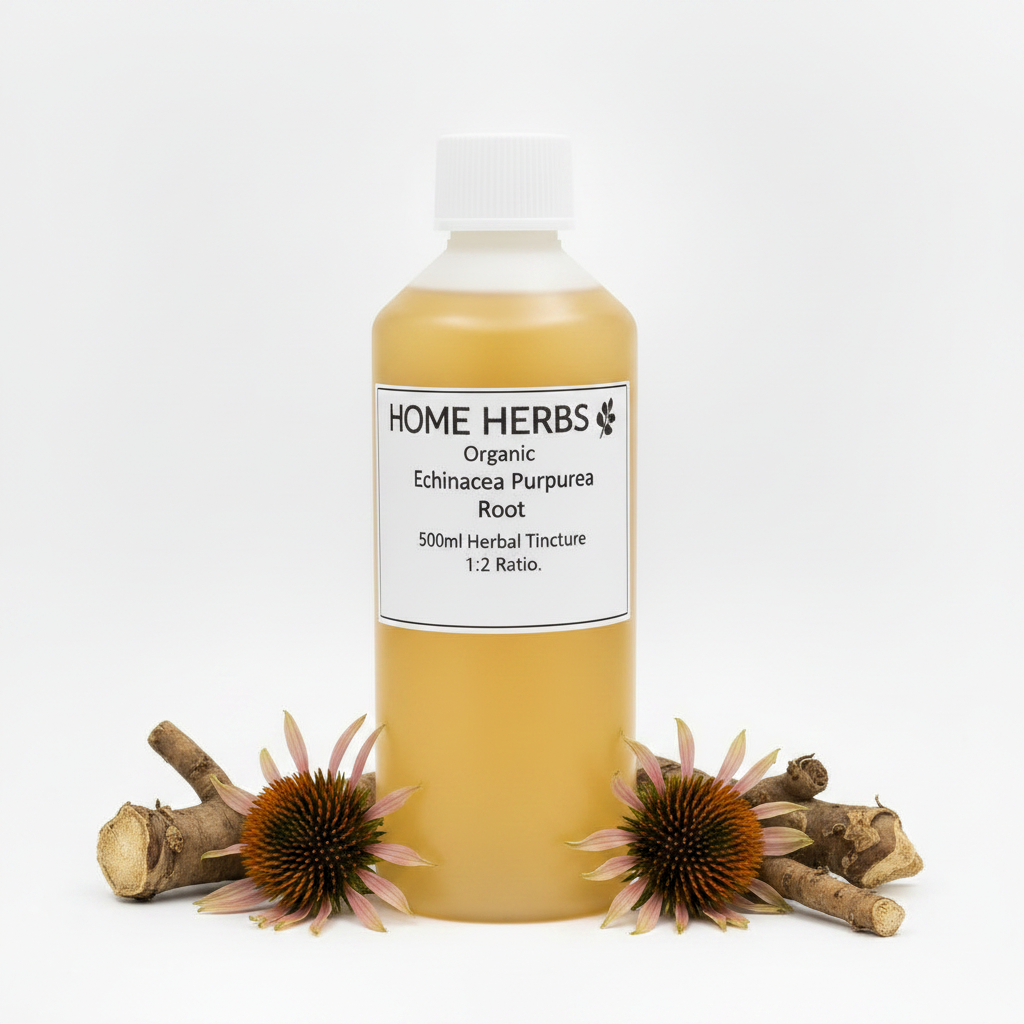 A 500ml bottle of Home Herbs Organic Echinacea Purpurea Root herbal tincture, filled with a golden-yellow liquid and topped with a white cap, displayed on a white background with dried echinacea flowers and root pieces at its base.