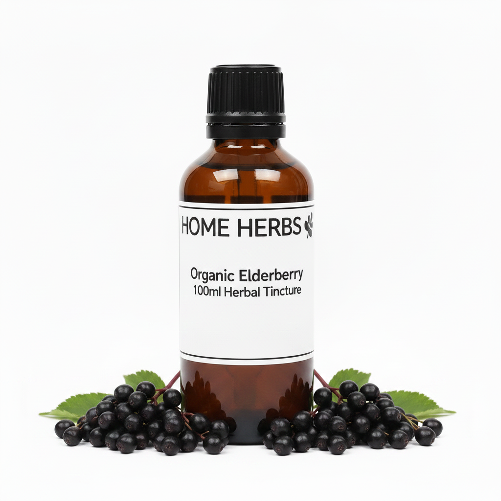 An amber glass bottle of Home Herbs Organic Elderberry 100ml Herbal Tincture, surrounded by fresh elderberries and green leaves on a white background.