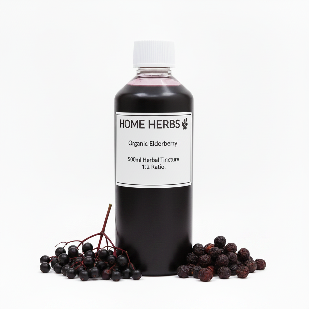 A 500ml bottle of Home Herbs Organic Elderberry Herbal Tincture, 1:2 ratio, displayed on a white background with fresh elderberry berries arranged at its base.