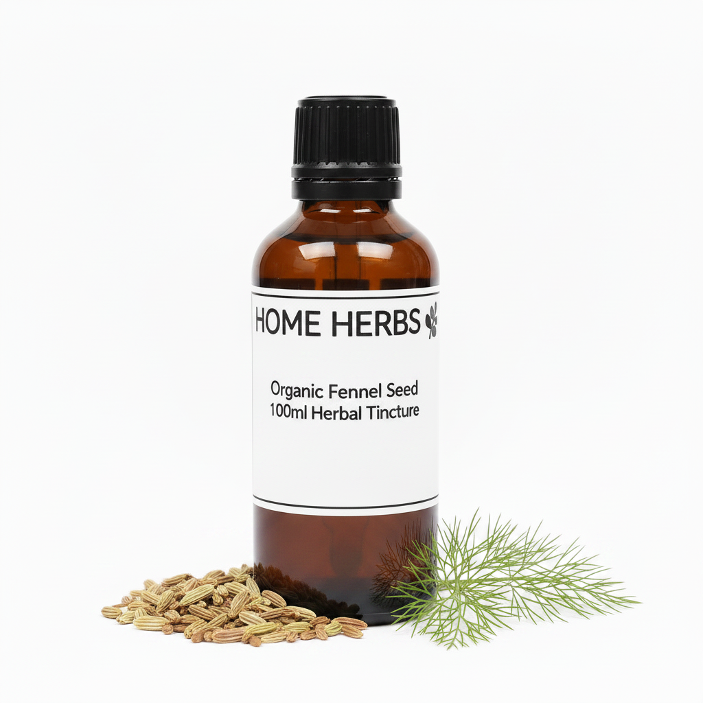 An amber glass bottle of Home Herbs Organic Fennel Seed 100ml Herbal Tincture with a black cap and white label, styled with loose fennel seeds and a green herb sprig on a white background.